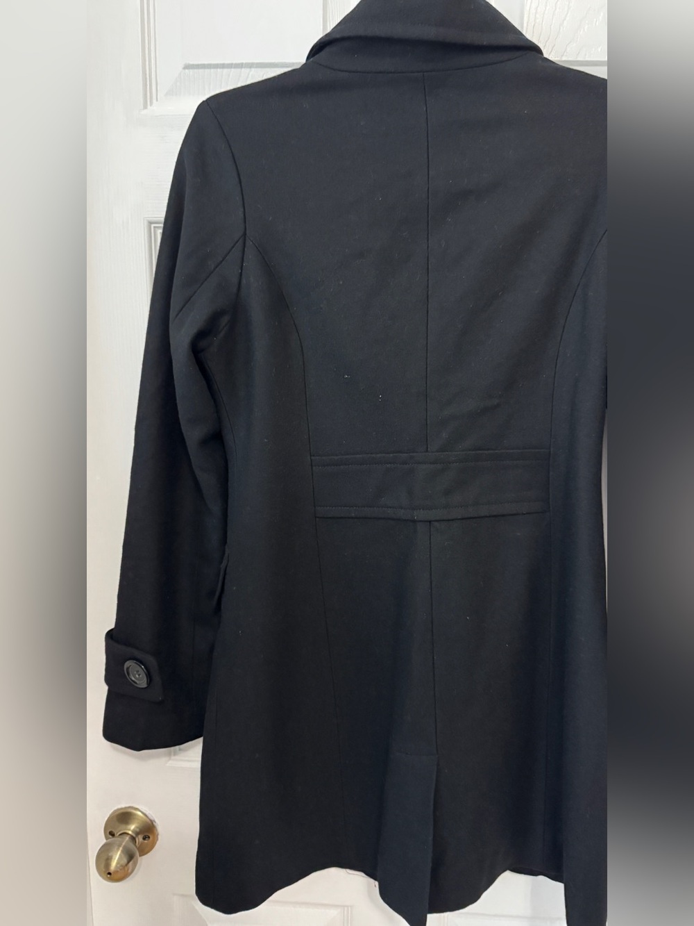 Women's Black Wool-Blend Pea Coat with Button Front - Picture 7 of 7
